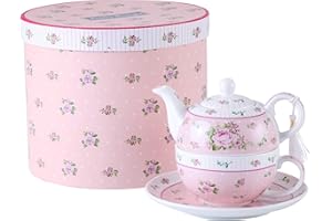 London Boutique Tea for One Teapot Tea cup Saucer Set Gifts for Women Afternoon Tea Set for 1 Vintage Rose Flora Porcelain Gift for Her (Rose Pink)