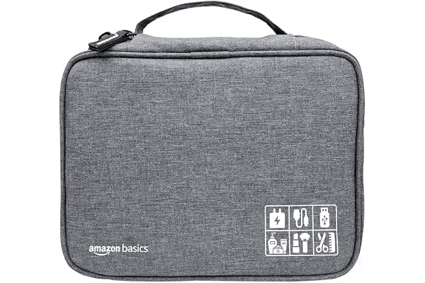 Amazon Basics Travel Organiser for Electronic Accessories, Flexible Padded Dividers, Waterproof, Foam Padding, for Cables, Chargers, Hard Disk, Power Bank (Grey)