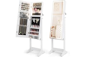 COSTWAY LED Mirror Jewellery Cabinet, Freestanding Lockable Jewelry Armoire with 3-Color Lighted Full Length Mirror, Touch Screen and Large Storage, 3-Angle Bedroom Jewellery Organiser (White)