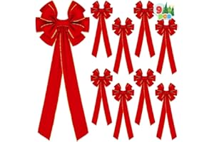 JOYIN Zestaw 9 dużych czerwonych aksamitnych kokardek bożonarodzeniowych, 78 x 27 cm, na wieńce zewnętrzne, gigantyczne aksamitne kokardki, dekoracja choinkowa, dekoracja bożonarodzeniowa wewnątrz i