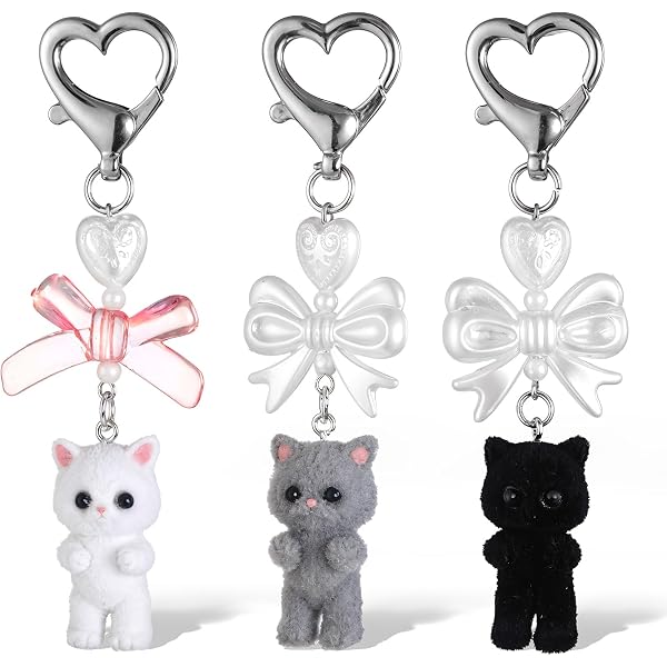 Kawaii Y2K Fuzzy Kitty Bag Charm With Heart Bow Y2K Black Cat Plush Keychain - Fuzzy Kawaii Bag Charm With Heart Bow For Cat Lovers Cat Keychain