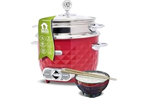 ‎TURBOTRONIC BY Z-LINE TurboTronic Reiskocher mit Dampfgareinsatz aus Edelstahl 1L rot, hellblau, schwarz, Schongarer mit Warmhaltefunktion, Dampfgarer mit Innentopf aus Edelstahl, Rice Cooker (rot)