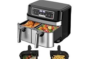 EMPHSISM Air Fryer Double Compartiment 9L | Friteuse Sans Huile a 2x4,5L Tiroir, 2600W Friteuse à Air Chaud 8 en 1 Écran Tactile Smart Finish Fonction, Airfryer Deux Zones Contrôle Individuel Température Temps