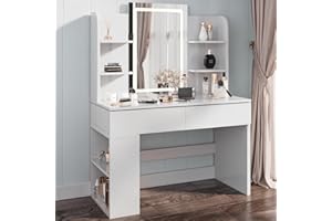 Airfish Tocador de Maquillaje con Espejo y LED Luz Regulable, Mesa de Maquillaje con 2 Cajones y 4 Estantes, Estante Inferior, Vanity de Escritorio Moderno para Dormitorio, 90x40x135 cm, Blanco