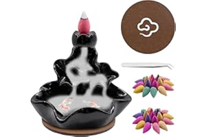 Griwuut Waterfall Backflow Incense Burner, Ceramic Incense Cone Holder for Meditation, Relaxation, Purification and Yoga Gifts with 60 Cones, Tongs and a Table Mat