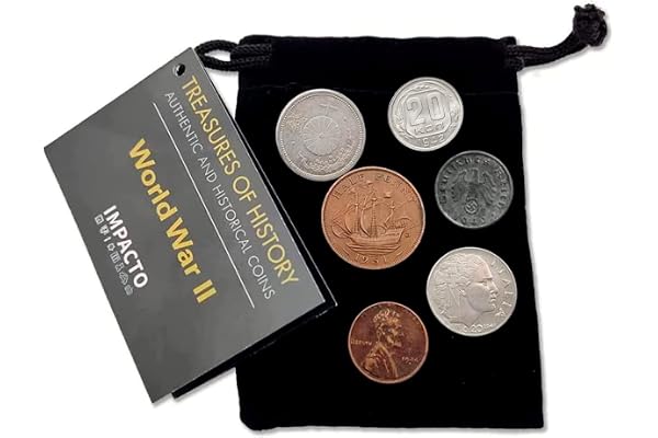 IMPACTO COLECCIONABLES | 6 Pièces Authentiques de la Seconde Guerre Mondiale - Collection Alliés et Axe en Pochette de Velours, Inspectées par des Experts | Certificat d'Authenticité Inclus