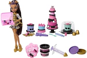 Monster High Straszysłodkie urodziny Tort DIY Zestaw do dekorowania z ponad 20 akcesoriami, takimi jak „lukier” i przyrząd do „lukrowania” + lalka Clawdeen Wolf, zabawka dla dzieci 4+, JBG78