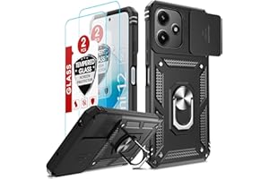LeYi Funda para Xiaomi Redmi 12 4G/5G con 2 Piezas Vidrio Templado, Armor Carcasa Cubierta de cámara Deslizante Proteger con 360 Anillo Soporte PC y Silicona TPU Case, Negro