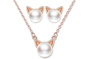 Yumilok Ensembles de Bijoux de Chat en Perles, Collier Perle de Chat pour Femme en Argent 925, Boucles d'oreilles Perle de Chat Mignon, Cadeau de Noël et Anniversaire