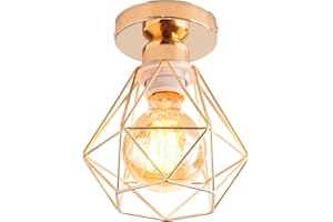 TOKIUS Lámparas de Techo Diseño de Jaula de Hierro Dorado Ø 16cm Vintage Lámpara Colgante Iluminación de Techo de Interior para Pasillo, Porche, Cocina, Dormitorio (# Plafón Oro)