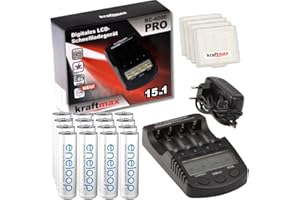 Kraftmax Zestaw kombi – Kraftmax BC-4000 Pro ładowarka i 16 akumulatorów Pansonic Eneloop AA/Mignon – najnowsza generacja – wysokowydajne akumulatory w pudełkach Kraftmax V5