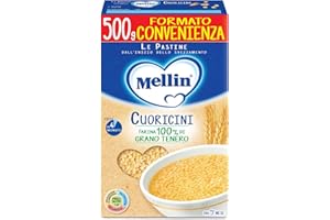 Mellin - Cuoricini - Pastina a base di Farina di Grano Tenero e Vitamina B1, per Bambini dal 5° Mese Compiuto - Confezione da 500gr