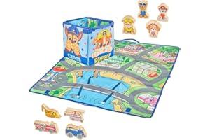 HUNTER PRICE INTERNATIONAL LIMITED Paw Patrol 2-in-1 Playmat Storage Box with 8 Wooden Characters & Vehicles - Foldable 75cm Playmat & Toy Storage Bag featuring Chase, Rubble, Skye & Marshall - Compact Children's Activity Set