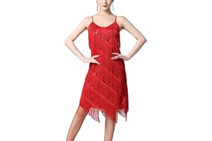 Freebily Robe Danse Tango Latine Femme Robe Année 1920 Franges Flapper Élégant Costume Charleston Robes Soirée Bal Fête V Cou Paillette