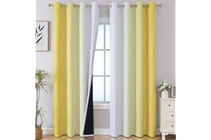 VEHEDE Blackout Noise Reducing Eyelet Curtains 90 Inch Drop for Bedroom, Ombre Energy Saving Wave Printed Curtains for Living Room Window, W52 x L90 Inch, Yellow and Greyish White, 2 Panels