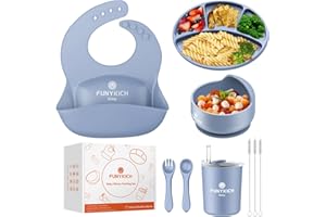 FUNYKICH Baby Weaning Set, 7PCS Silicone Baby Feeding Set, Baby Led Weaning Set with Suction Bowl Divided Plate, Adjustable Bibs,Spoons Forks, Sippy Cup & Straw Brush for 6+ Months(Blue)