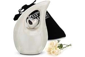 KEEPSAKE COMPANY White Teardrop Small Mini Urns for Human Ashes with Silver Heart (3" Height) - Funeral Urns - Urn - Funeral Urn - Small Pet Urn - ERN, White