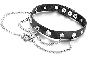 Oidea Ras de Cou Collier Choker Homme Femme Pendentif Fantaisie Crâne Tête de Mort Rivet AVCE Chaîne Punk Rock Biker Couleur Argent Noir en Alliage et Cuir avec Sac Cadeau