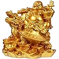 IMIKEYA Golden Laughing Buddha Statue Feng Shui Buddha On Dragon Turtle Ornaments Resin Maitreya Figurine for Wealth And Good Luck New Year Home Office Decoration