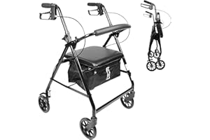 PEPE Mobility Andador para Ancianos Plegable con Asiento Acolchado, 4 Ruedas, Cesta y Frenos de Maneta, Aluminio