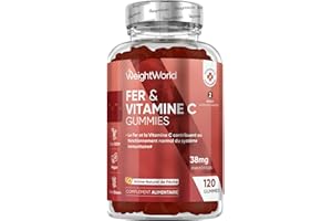 WEIGHTWORLD Fer Gummies & Vitamine C - 120 Gommes Vegan (pour 4 Mois) Faibles en Sucre, Gummies Vitamine C (sous forme d'Acide L- Ascorbique) avec Fer, Goût Naturel de Pêche, sans OGM, sans Gluten