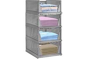 Dyserbuy 4 Pack Large Wardrobe Storage Organiser, Stackable Storage Drawers, Plastic Wardrobe Storage Boxes, Easy Pull Out Drawer for Closet, Clothes, Shelves, Laundry and Office (Gray)