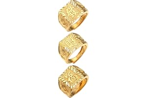 JewelryWe Anillo de oro 18 quilates 18 quilates oro auténtico kanji rico suerte riqueza tamaño ajustable regalo 3 unidades, Latón, Sin piedras preciosas