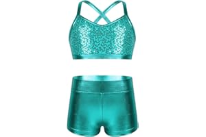 Alvivi Conjunto Brillante de Baile Moderno para Niñas Crop Top y Leggings Cortos Maillot de Gimnasia Rítmica Traje de Deportivo Yoga 6-14 Años