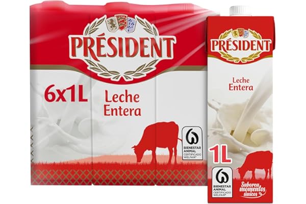 Président - Leche Président Entera, Leche Natural de Galicia, Fuente de Calcio y Proteínas,Sin Gluten, Bienestar Animal, Pack 6 x 1 L