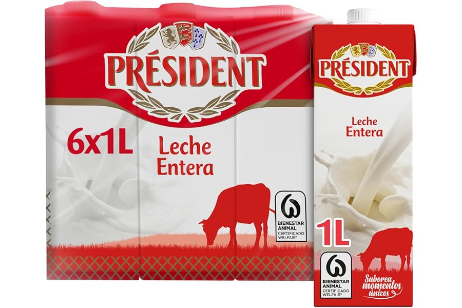 Président - Leche Président Entera, Leche Natural de Galicia, Fuente de Calcio y Proteínas,Sin Gluten, Bienestar Animal, Pack