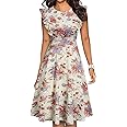 YATHON Women's Vintage Ruffle Floral Flared A Line Swing Casual Cocktail Party Dresses