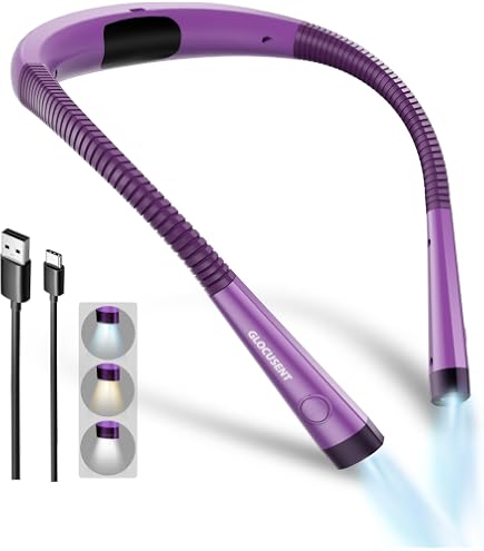 Lampada Da Lettura Da Collo Glocusent - 3 Colori, 5 Luminosità, Batteria 1600mAh, Timer, Viola