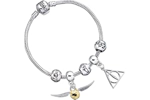 Harry Potter Zestaw charmsów, srebrna bransoletka, insygnia śmierci, znicz, 3 koraliki zaklęć, HP0090