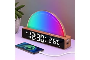 AFEXOA Réveil Lumineux, Lampe avec Simulation de Lever du Soleil, Snooze/6 Sonneries/10 Sons de Sommeil/Minuterie/Affichage Température, Lampe Atmosphère avec 7 Couleurs Changeantes, Port de Charge