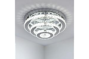 CXGLEAMING 13.8" Modern LED Crystal Chandelier Ceiling Light Fittings 3-Tier Round Chandelier Flush Light Fitting Ceiling for Living Room Bedroom Dining Hallway Kitchen (Cool White)