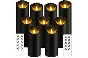 MozkeTo19 Flickering Flameless Candles, Battery Operated with Remote and 2/4/6/8 H Timer, Pack of 9 (D2.2 xH 5" 6" 7") with Realistic Moving Wick Candles for Home Decor (Black)