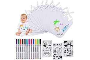 Domkan 12 Stück Lätzchen Bemalen,Baby Lätzchen Zum Bemalen für Babyparty 12 Textilstiften und 3 MalenSchablonen Baby Shower Spiele für Babyshower Party Junge Mädchen