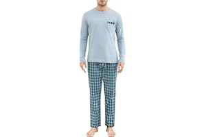 Winovia Piżama męska, długa piżama, 100% bawełna, długi rękaw, bielizna nocna, zestaw z okrągłym dekoltem i spodniami w kratkę
