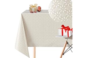 KP HOME Wipe Clean Tablecloth - Rectangle 200x140cm | 78x55in For Rectangular Tables Up To 6 Seats - Hard-Wearing Wipeable Vinyl PVC Kitchen Table Cloth Oilcloth In Beige And White Retro Flower Pattern
