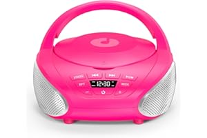Gueray Lecteur CD Portable Boombox Radio CD Compact avec Haut-Parleurs Stéréo Radio FM Entrée AUX 3,5 mm Jack Casque et Écran LCD pour Intérieur Extérieur Voyage & Livres Audio(Rose + Argent)