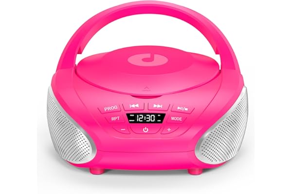 Gueray Lecteur CD Portable Boombox Radio CD Compact avec Haut-Parleurs Stéréo Radio FM Entrée AUX 3,5 mm Jack Casque et Écran LCD pour Intérieur Extérieur Voyage & Livres Audio (Rose)