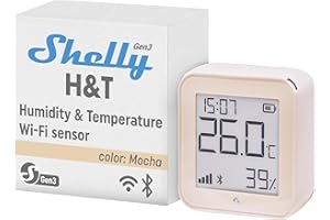 Shelly H&T Gen3 Mokka -Czujnik Temperatury,Wilgotności Wi-Fi,Bluetooth,Automatyka Domowa,Nie Jest Wymagany Żaden Koncentrator,Długi Czas Pracy Baterii,Możliwość Montażu Na Ścianie