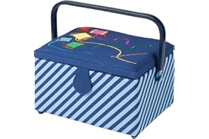 Medium Sewing Box with Compartments in a Striped Blue Fabric with a Rainbow Embroidered Sewing Thread Lid. 18.5 x 26 x 15cm. Sewing Online GA1120M