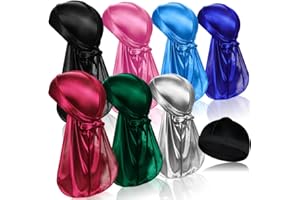 TSKNOMO 7 Stück Silky Durags mit langem Schwanz und 1 Stück Satin Wave Cap, Pack Do Lumpen für Männer 360 Waves
