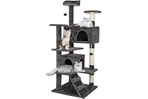 PLASTIFIC Arbre à chat stable à plusieurs niveaux avec tour d'escalade et échelle, maison de jeu pour chaton, activité d'intérieur (gris foncé, 50 x 50 x 132 cm)
