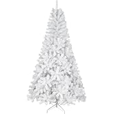 GOPLUS Sapin de Noël Artificiel Blanc 210 cm, Arbre de Nöel avec 950 Branches, Socle en Fer, Feuilles en PVC, Décoration de Noël, Idéal pour Suspendre Guirlande de Lumières et Etoile, 4 Tailles