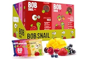 BOB SNAIL ROLL Bob Snail Fruit Roll Ups – Healthy Sweets Snacks, Real Dried Fruits, No Added Sugar, Vegan, Nut Free, Candy for Adults, Kids, with Berry Mix, Mango, Pear, Cherry – Bulk 80 pcs Rolls, 800g