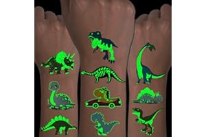 CHARLENT Tatuaggi di Dinosauri Luminosi per Bambini - 14 Fogli Tatuaggi Temporanei di Dinosauri Che Si Illuminano Al Buio per Ragazzi e Ragazze Bomboniere per Feste di Compleanno