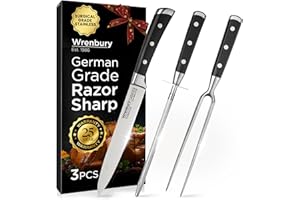 Wrenbury Sabatier Carving Knife Set with Carving Fork and Sharpening Steel - German Grade 3 Piece Professional Carving Set Razor Sharp Blade - Full Tang Riveted Handles
