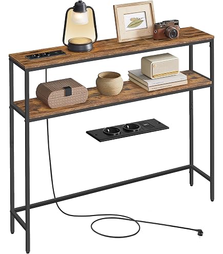 Console D'entrée étroite Versa Berlin - 80x30x100 Cm, Bois Et Métal Marron/noir, Avec étagère Basse - 6